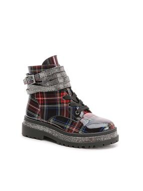 Jessica Simpson Embrina Plaid Black/Red Combat Boot w/ Rhinestone Straps Size 8